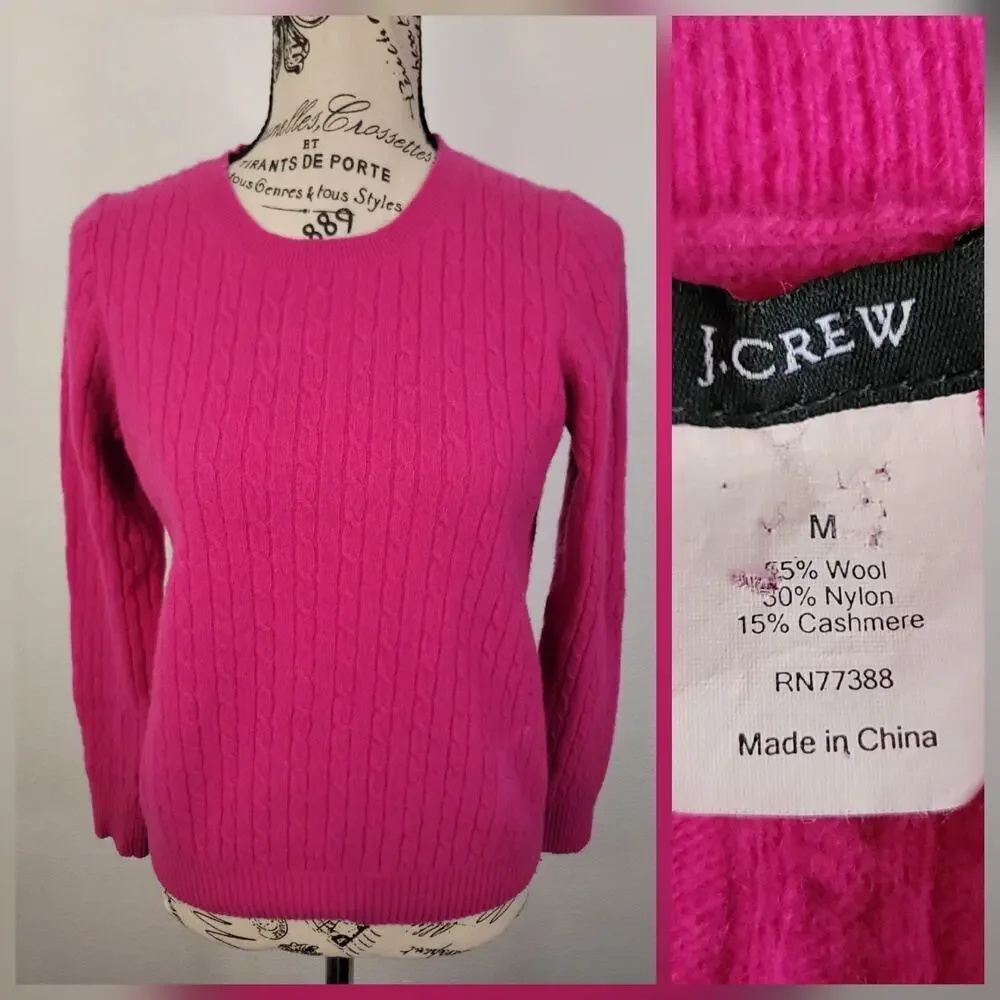 J. Crew Sweater Womens Sz Medium Fitted Wool Cashmere Cable Knit Crewneck Pink